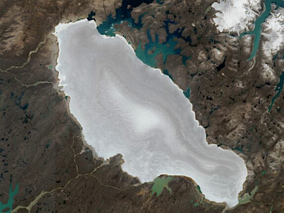 A satellite image of the Barnes Ice Cap, which contains one of the largest glaciers in the world.