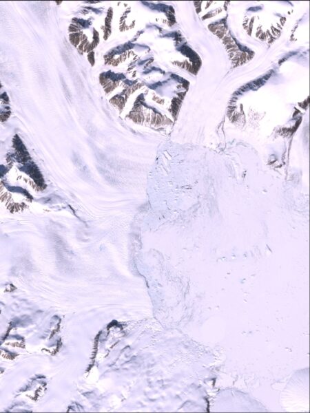 A satellite image of the Trinity-Wykeham Glacier taken by Landsat 7.