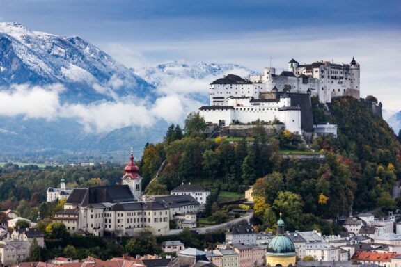 Beautiful view of Salzburg skyline with Festung Hohensalzburg and Salzach river in summer, Salzburg, Salzburger Land, Austria.