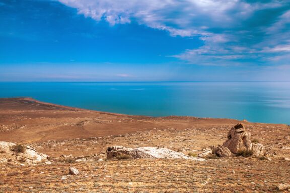 Caspian sea under blue sky kazakhstan