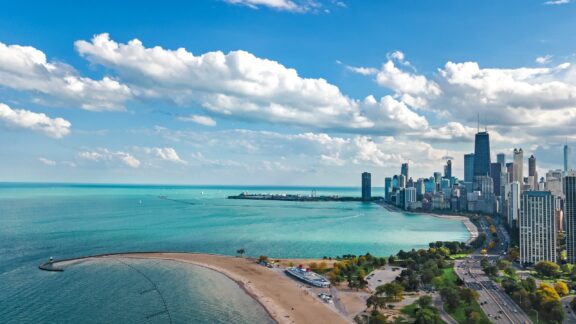 Chicago skyline aerial drone view above