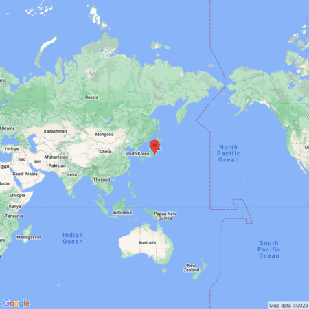 A static map of the world with a red marker over the South Korea region, indicating a specific location. The map is credited to Google.