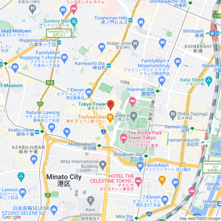 A detailed static map of Tokyo Tower area, Tokyo, Japan, with markers for points of interest, streets, parks, and businesses.