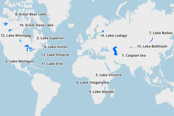 Map of the largest lakes in the world