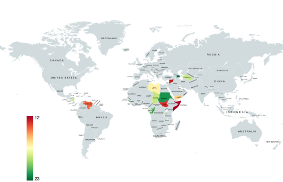 A 2023 world map shows the most corrupt countries, using a color gradient from green to red to indicate corruption levels.