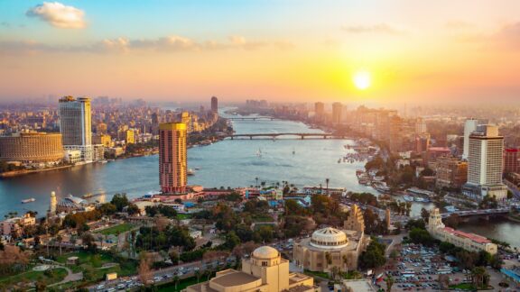 Panorama of Cairo cityscape taken during the sunset from the famous Cairo tower, Cairo, Egypt.