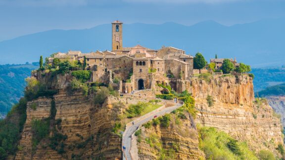 Civita di bagnoregio is hit by the sun during a storm in the Italian region of Lazio. 