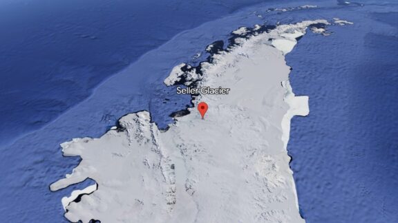 A screenshot of Google Earth with a pin on the location of Seller Glacier, the largest glacier in the world. 