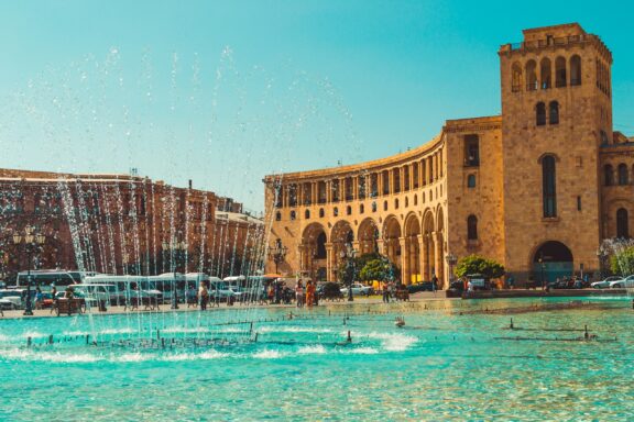 View of the Dancing Fountains and the Complex of Republic Square