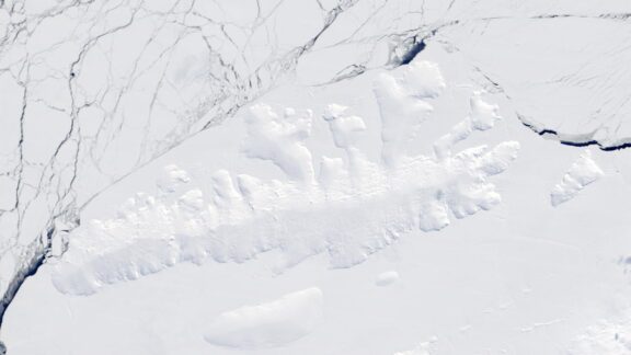 A satellite image of ice-covered Thurston Island taken by NASA.