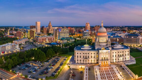 Aerial panorama of providence skyline and rhode island capitol building