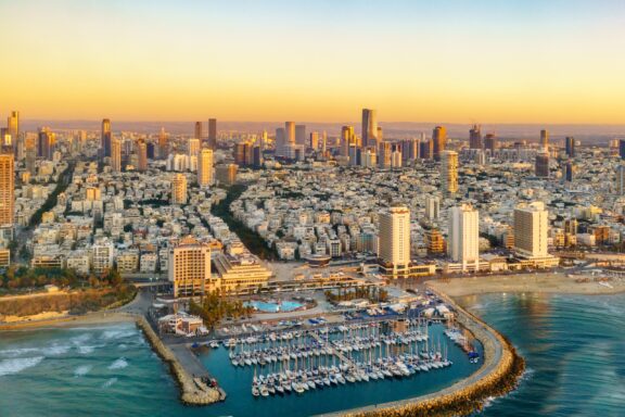 Aerial sun set view of Tel Aviv, mediterranean seashore