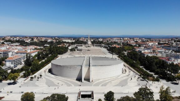 Aerial view of the Basilica of Our Lady of the Rosary of Fatima, the Basilica of the Most Holy Trinity, and Chapel of the Apparitions in Fatima, Portugal.