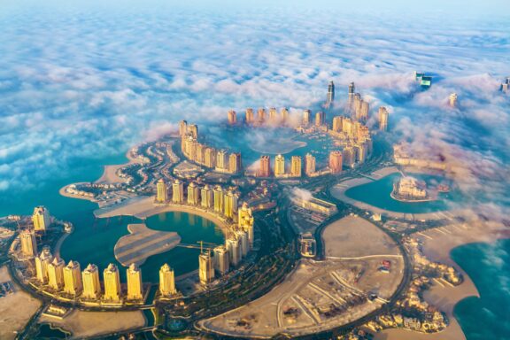 Aerial view of the Pearl-Qatar island in Doha through the morning fog. Qatar, the Persian Gulf