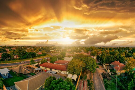 Sundown Over Residential Area in Botswana Aerial view of a residential area in Gaborone