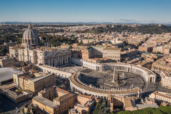 Aerial view of St. Peter's Basilica and St. Peter's Square with Christmas tree on it