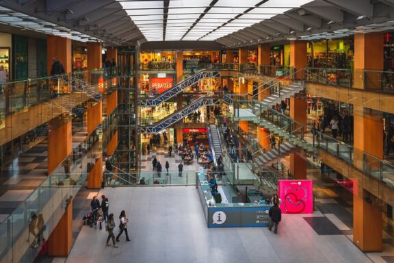Interior of a Multi-Level Shopping Mall Andorra la vella andorra jan 2020 top view on people