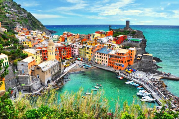 A view of the town of Vernazza in the Cinque Terre castal region of Liguria.