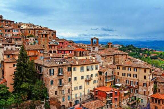 A bird's eye view of the historic center of Perugia in Umbria.