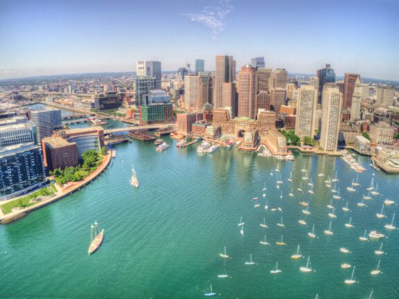 Boston massachusetts skyline from above by drone during summer time