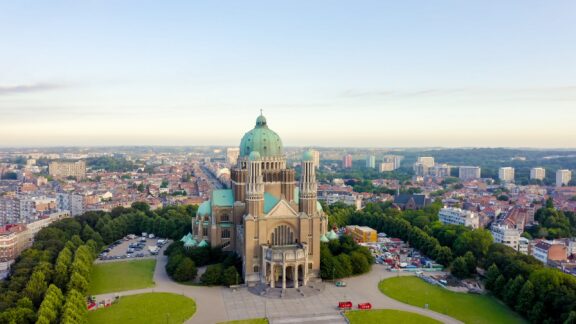 Brussels, Belgium. National Basilica of the Sacred Heart. Early morning, Aerial View.