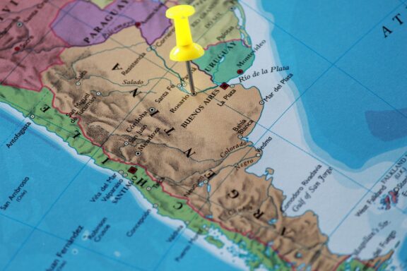 Map Pin on Buenos Aires Location A yellow pin on argentina of the world map travel
