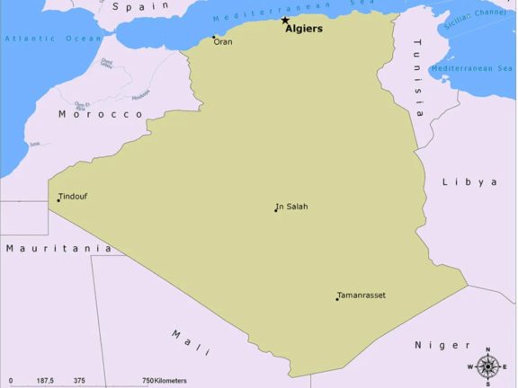 Map of Algeria, highlighting Algiers in the North of the country.