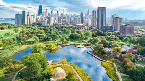 Chicago skyline aerial drone view from above, lake Michigan and city of Chicago downtown skyscrapers cityscape bird's view from park, Illinois, USA