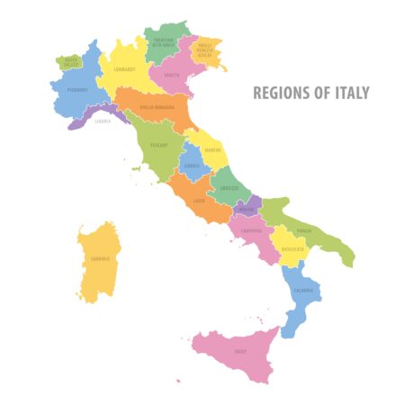 Colorful Vector Map Showing the Regions of Italy A colorful map of the regions of Italy.