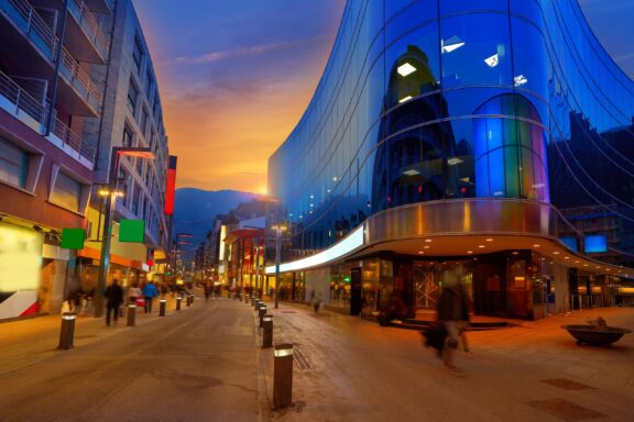 Dusk in Andorra la Vella Commercial District Commercial Area in Andorra la Vella