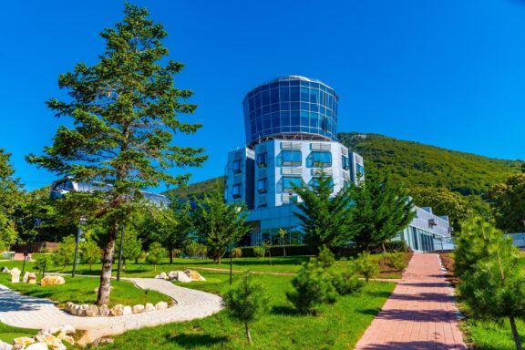 Modern Building Surrounded by Greenery Dajti Ekspres tower in Tirana