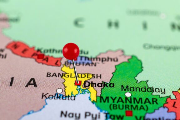 Close up of Dhaka pin on map