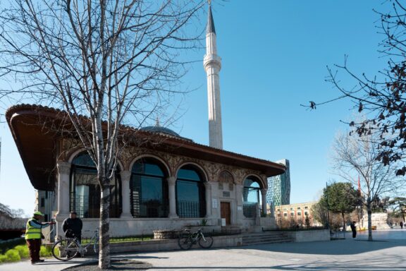 Mosque with Minaret on a Sunny Day Et'hem Bej Mosque in Tirana, Albania