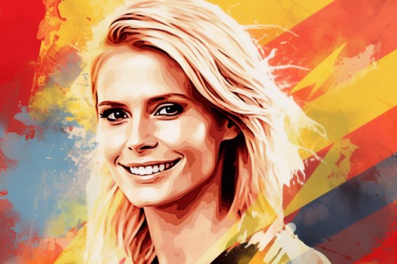 Colorful Pop Art Style Portrait of a Woman Heidi Klum in water colors and with blond hair in front of the flag map of Germany, smiling, background colors: black, red, and gold