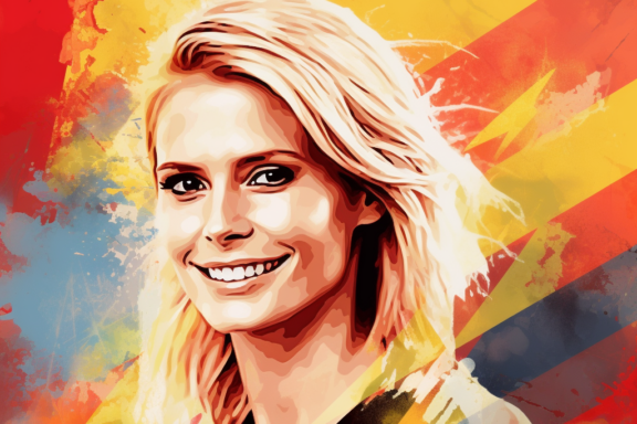 Heidi Klum in water colors and with blond hair in front of the flag map of Germany, smiling, background colors: black, red, and gold