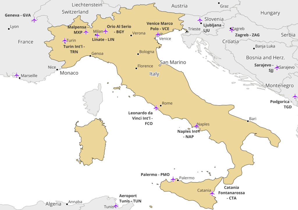 A map detailing the major airports in Italy