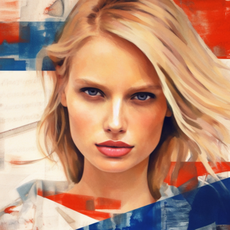 Portrait of a Woman with Abstract Background Karolina Kurkova in water colors and with blond hair in front of the flag map of Czechia