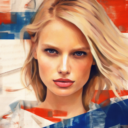 Karolina Kurkova  in water colors and with blond hair in front of the flag map of Czechia