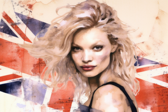 Artistic Portrait of a Woman with Union Jack Background Kate moss