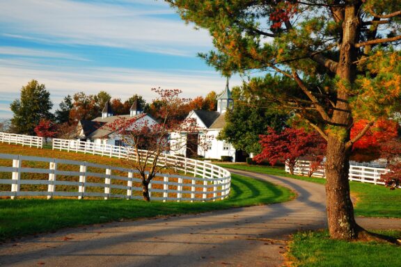 Lexington, KY, USA October 20,  A meandering country road traverses a fall landscape in Kentucky's Blue Grass region near Lexington 