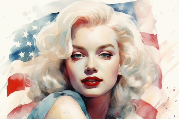 Blonde Woman with American Flag Background Marilyn Monroe blonde in front of the US flag. AI generated watercolor painting.