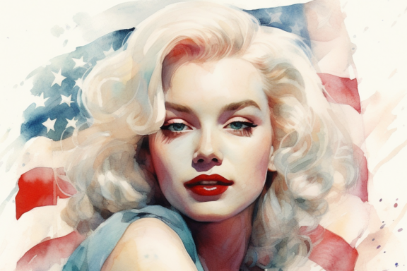 Marilyn Monroe blonde in front of the US flag. AI generated watercolor painting.