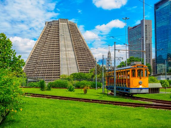 Metropolitan Cathedral of Saint Sebastian and old yellow Santa Teresa Tram (Bonde de Santa Teresa) is a historic tram line in Rio de Janeiro, Brazil.