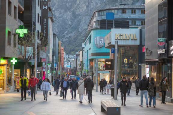 Pedestrians on a Busy Shopping Street People commuting and shopping on the streets of Andorra la Vella
