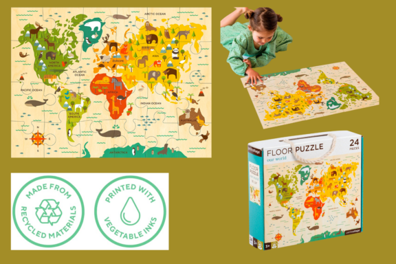 Child Playing with World Map Floor Puzzle Petit collage floor puzzle world 24 pieces