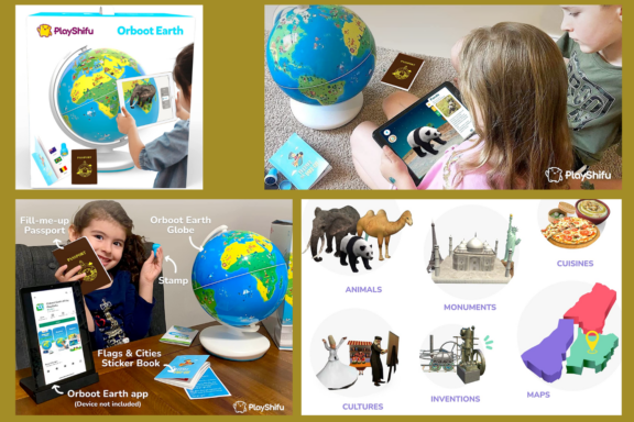Child Interacting with Educational Globe and Augmented Reality App Shifu Orboot Earth Educational Globe