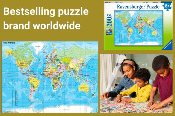 Family assembling a world map jigsaw puzzle Ravensburger Word Map Puzzle for Kids - XXL 200 pieces. Showing the box and kids assembling a puzzle.