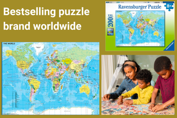 Ravensburger Word Map Puzzle for Kids - XXL 200 pieces. Showing the box and kids assembling a puzzle.