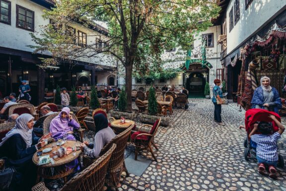 Sarajevo locals in a resturant in the historical Morica Han Inn