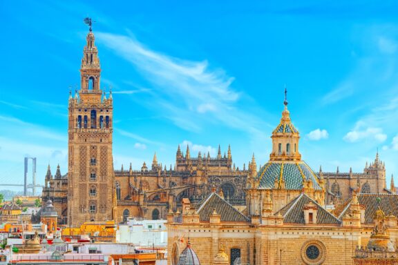 Seville Cathedral (Catedral de Santa Maria de la Sede de Sevilla) view from the observation platform Metropol Parasol, locally also known as Las Setas. Spain.